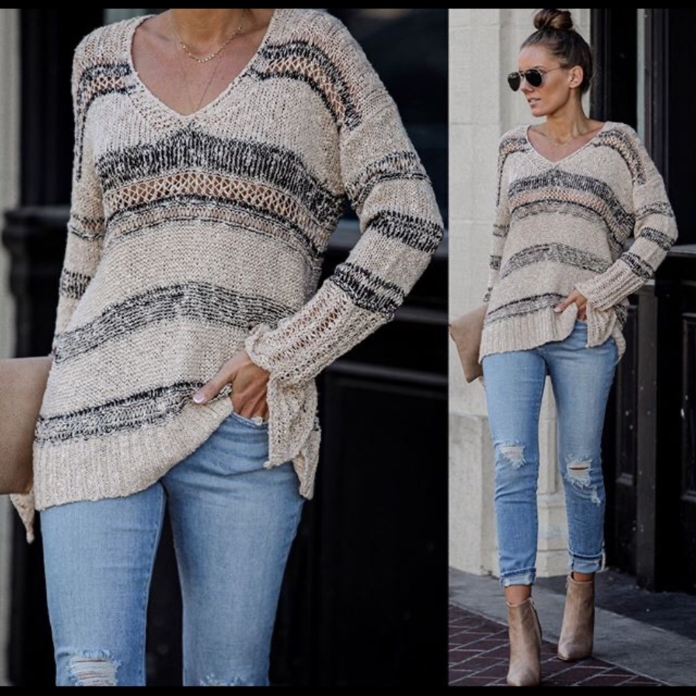 Fall Winter VICI Dolls Maverick Striped Grey White Open Knit Cozy Sweater